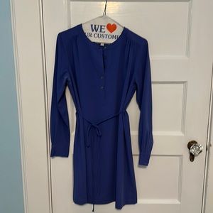 Long sleeve blue silk like dress with tie at waist from Loft